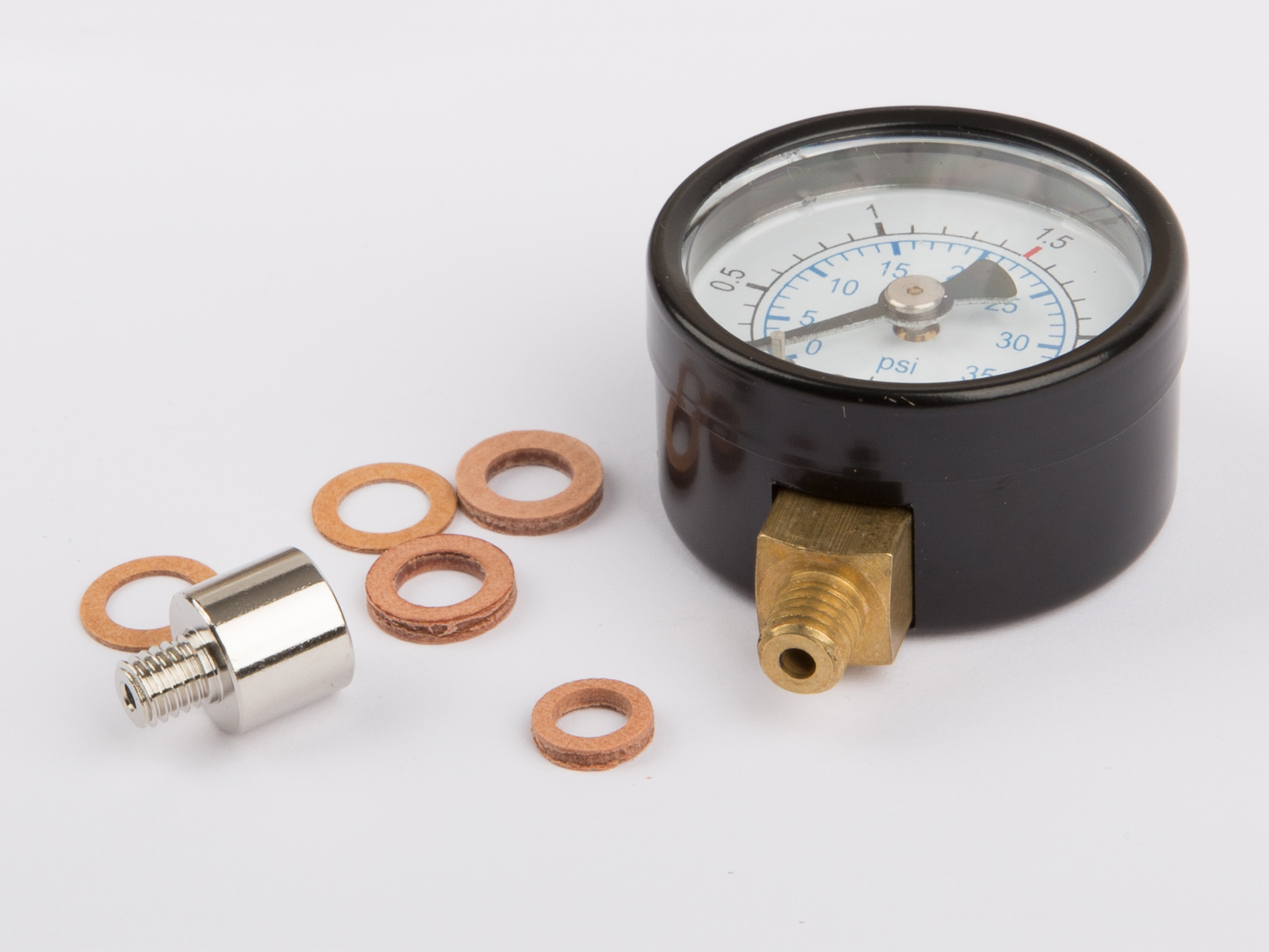 Manometer with connection on the botton, M6, 30 mm diameter, incl. adapter 01529, thread M6/M5 for D18, D20, D22, D141, D430, T125